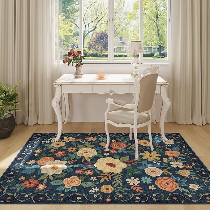 DUKINO 4x6 Area Rug, Lightweight Non Slip Washable Floral Rug, Indoor Low Pile - Image 3