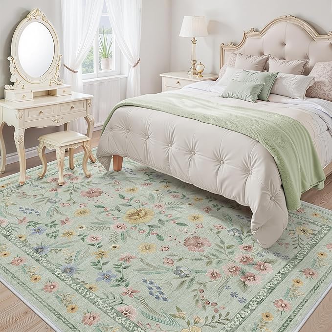 Green Floral Rug for Girls, 6x9 Washable Botanical Bedroom Rug for Nursery - Image 2