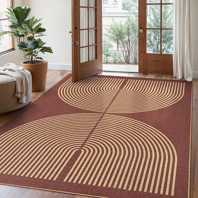Lahome Enfys Modern Rainbow Easy Jute Outdoor Rug 5x7, Stain Resistant Red by Lahome