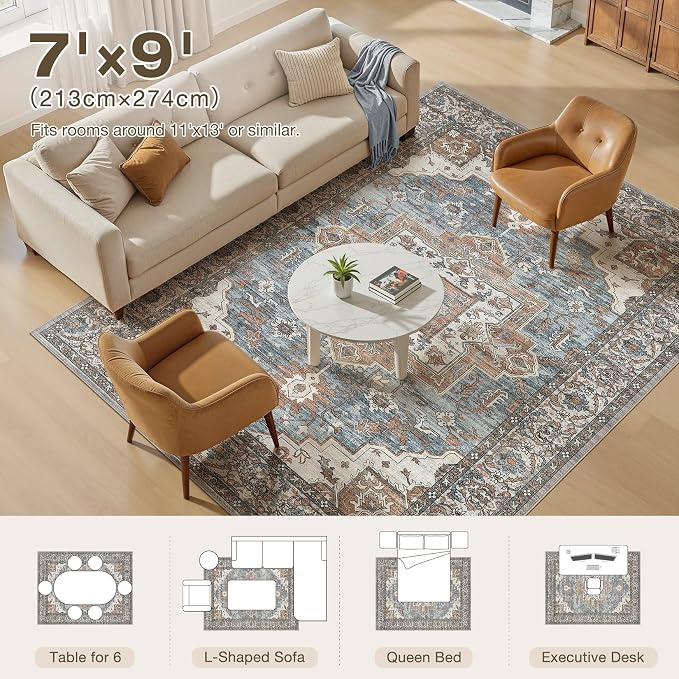 7x9 Area Rugs Living Room: Washable Vintage Rug Large Non-Slip Stain Resistant - Image 8