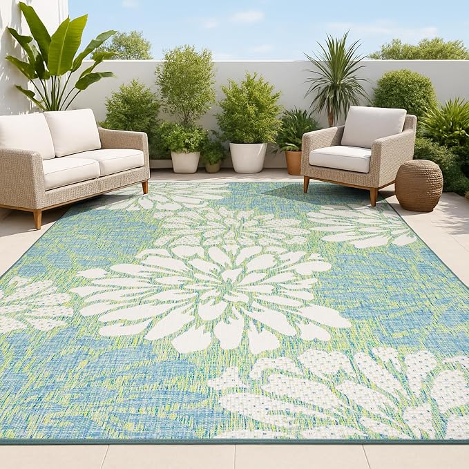 JONATHAN Y Floral Textured Weave Indoor Outdoor Area Rug 5X8 Cream/Green by JONATHANY