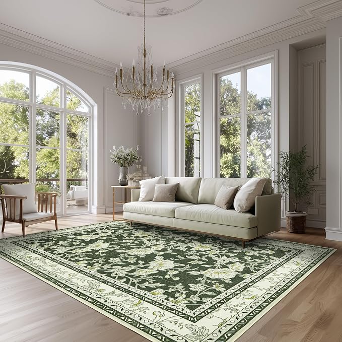 Olive Green Area Rugs 6x9 Living Room Washable Boho Vintage Sketch Floral Cream - Image 9