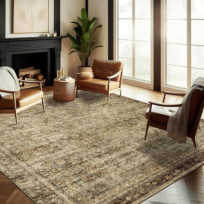 CHAMPLANT Area Rug 10x14 Washable Brown Vintage Traditional Mat Distressed by CHAMPLANT
