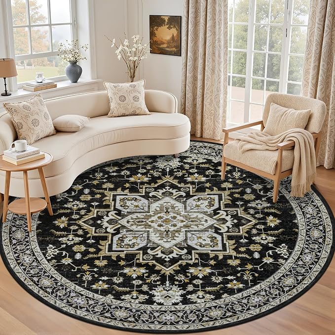Round Area Rug for Living Room: 4 ft Washable Vintage Boho Soft Thin Circle Rug by EXPEDIX