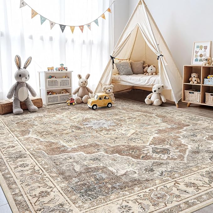 9x12 Washable Area Rug: Vintage Neutral Soft Non Slip Thin Large Floor Carpet - Image 8
