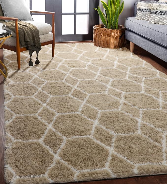 ONASAR Rugs for Living Room Bedroom, 5x8 Fluffy Beige and White Area Rug by ONASAR