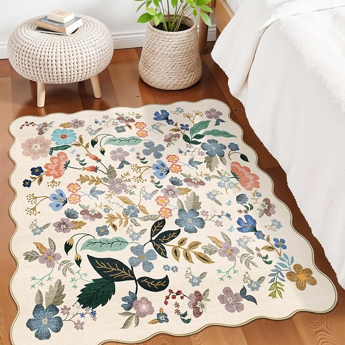 Floral Square Area Rugs for Family: Washable 5x5 Scalloped Carpet for Living - Image 2