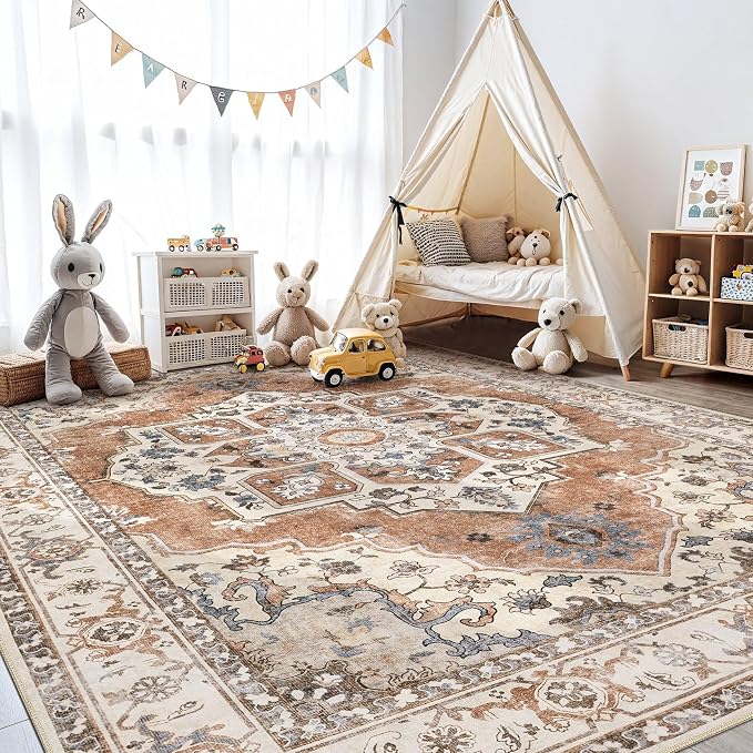 6x9 Washable Area Rug: Vintage Neutral Soft Non Slip Thin Large Floor Carpet - Image 8