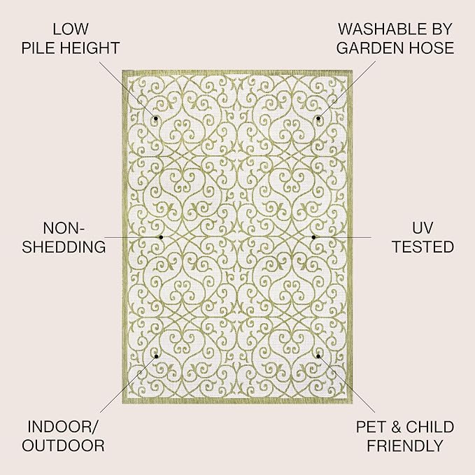 JONATHAN Y Vintage Filigree Indoor Outdoor Area Rug 3X5 Green/Cream, Madrid - Image 2
