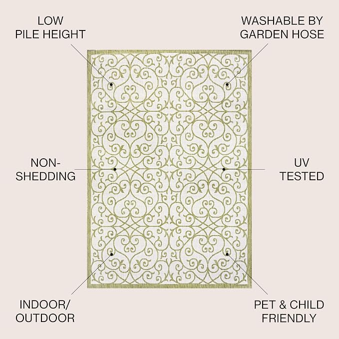 JONATHAN Y Vintage Filigree Indoor Outdoor Round Area Rug 5 Ft Green/Cream - Image 2