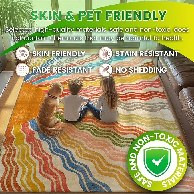 Washable 5x7 Sun Area Rug for Living Room, Rainbow Sun Modern Retro Large Area - Image 5