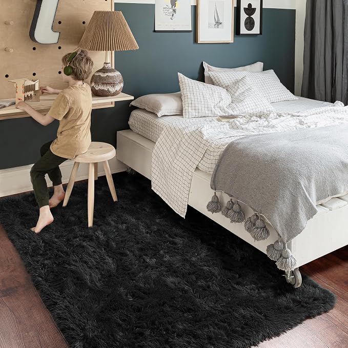 Amdrebio Black Rugs for Bedroom Living Room Decor Aesthetic, Fluffy Shag Furry - Image 3