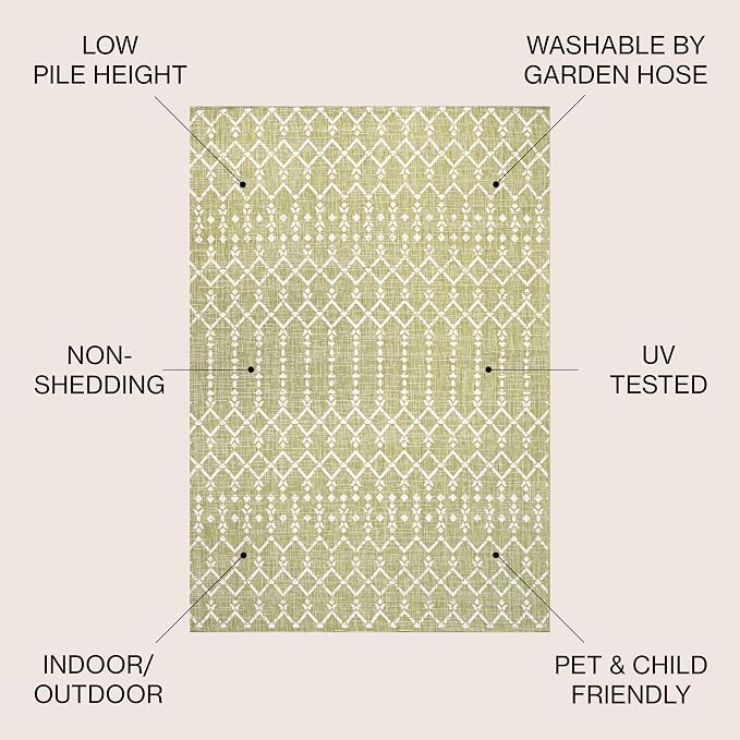 JONATHAN Y Moroccan Geometric Indoor Outdoor Area Rug 5X8 Light Green/Cream - Image 3