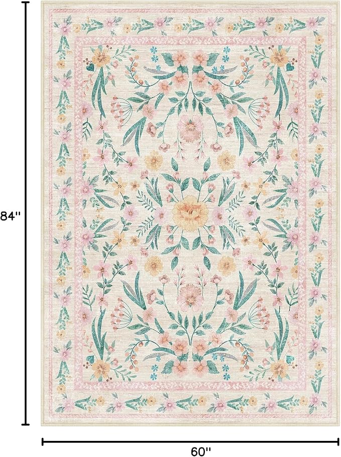 5x7 Pink Floral Nursery Rug, Machine Washable Non Slip Soft Faux Wool Carpet - Image 2