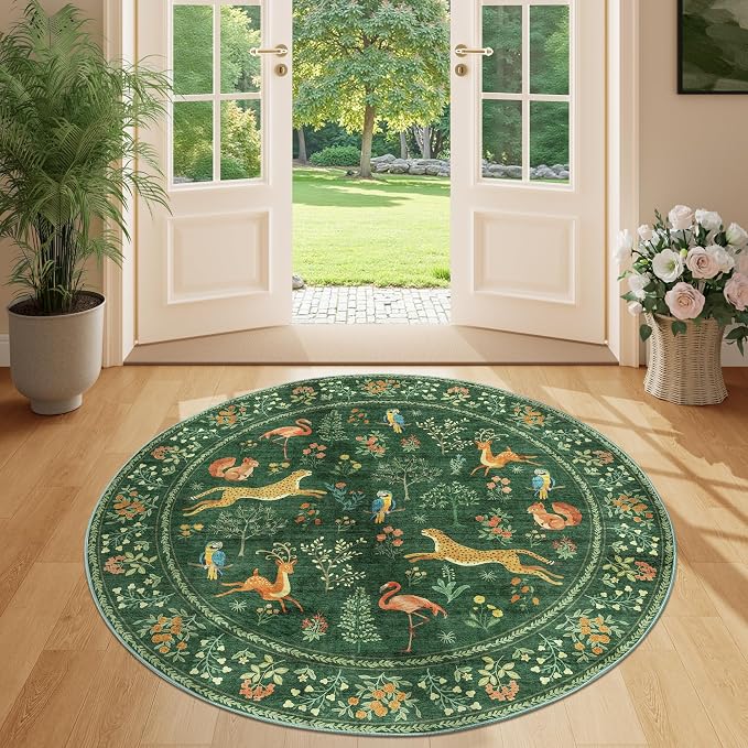 DUKINO 4ft Round Rug, Washable Round Area Rug, Non Slip Indoor Low Pile Animal by DUKINO