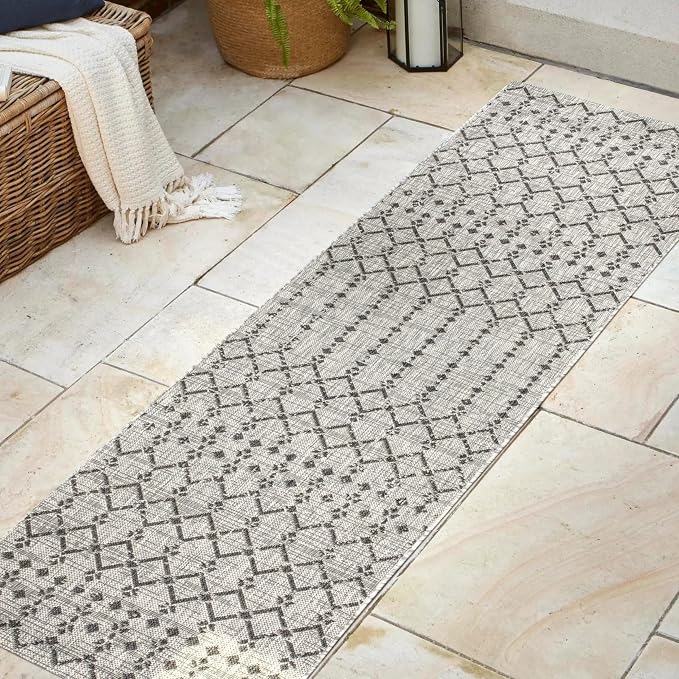 JONATHAN Y Moroccan Geometric Indoor Outdoor Runner Rug 2X8 Light Gray/Black - Image 3