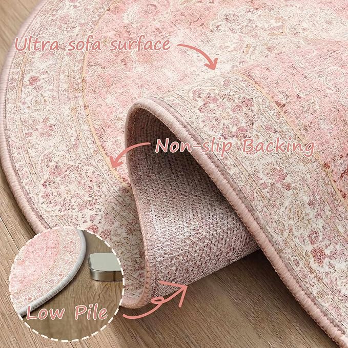 Latte&Fog Washable Pink Round Rug 6ft, Soft Cute Circle Area Rugs - Image 8