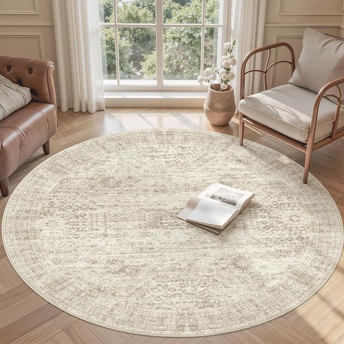 Soalmost 5x5 Beige Round Rug 5ft Living Room Circle Rug Vintage Round Area Rug - Image 2