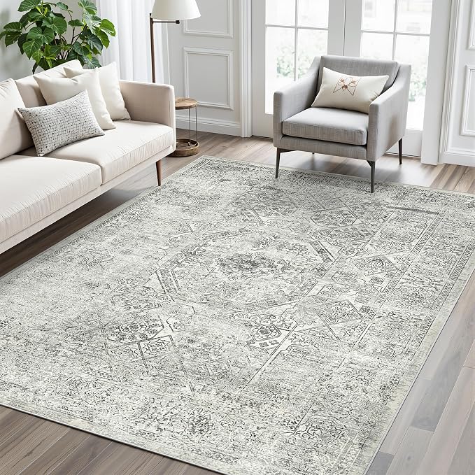 Soalmost 5x7 Area Rugs Grey Low Pile Indoor Washable Trendy Faded Style Floral - Image 9