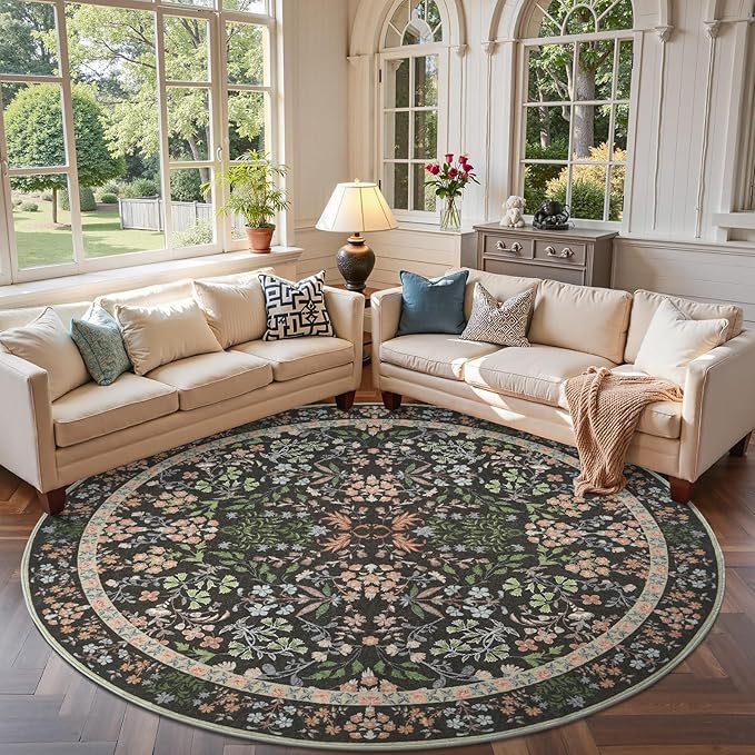 jinchan Zenith Round Rug 8ft Area Rug Soft 8'Round Vintage Floral Rug Non-Slip - Image 3