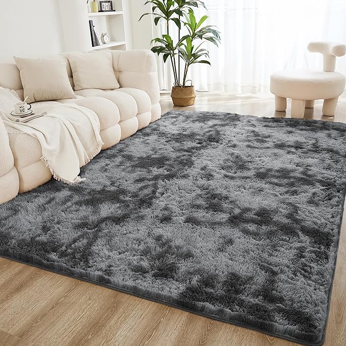 Litanika 8x10 Shag Area Rug for Living Room Bedroom, Tie-Dyed Dark Grey High by Litanika