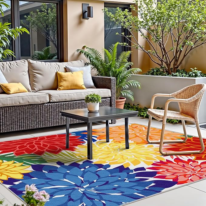 Outdoor Area Rug Washable Multicolored Patio Rug Tropical Botanical Modern - Image 7