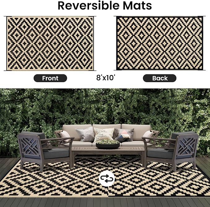 Smiry Waterproof Outdoor Rug 8x10 ft, Reversible Plastic Straw Patio Camping - Image 3