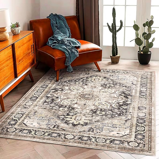 CHAMPLANT Area Rug 6'x9' Black-Purple Khaki Washable Vintage Traditional Floor - Image 2