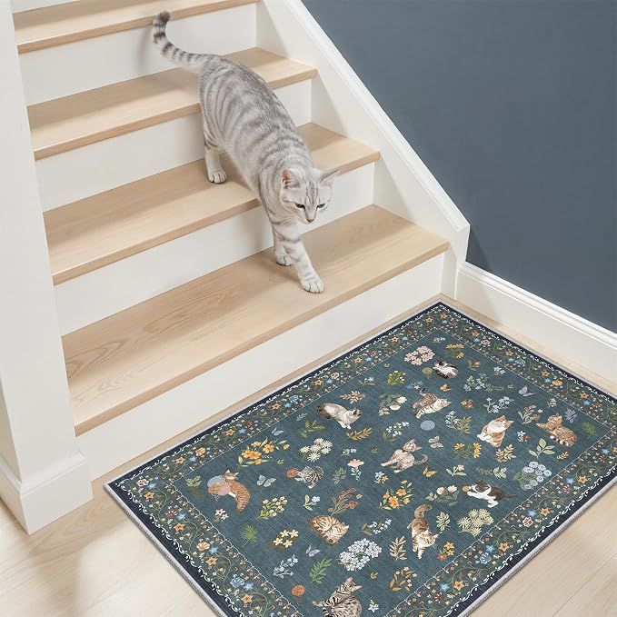Soalmost 2x3 Cat Rugs for Entryway, Machine Washable Door Mat Animal Floral - Image 2