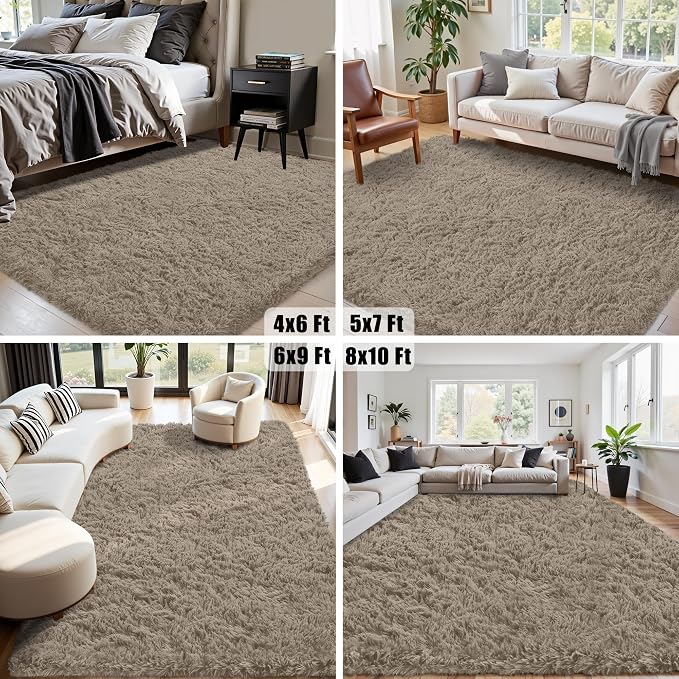 5x8 Area Rug for Living Room:Ultra Soft Fluffy Shag Grey Camel Rugs, Large - Image 6