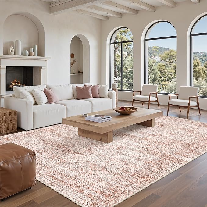 Soalmost 5x7 Area Rugs Pink Low Pile Indoor Washable Trendy Faded Style Rugs - Image 9
