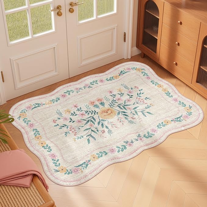 Scalloped Door Mat 2x3 Small Pink Floral Washable Entryway Rug | Soft Low Pile - Image 8