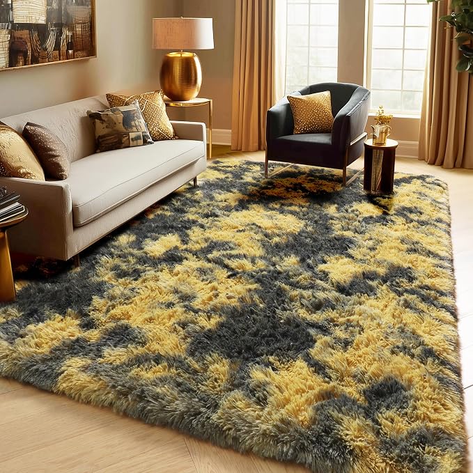 PAGISOFE 4x6 Black and Yellow Bedroom Rugs, Fluffy Modern Living Room Area Rug - Image 3