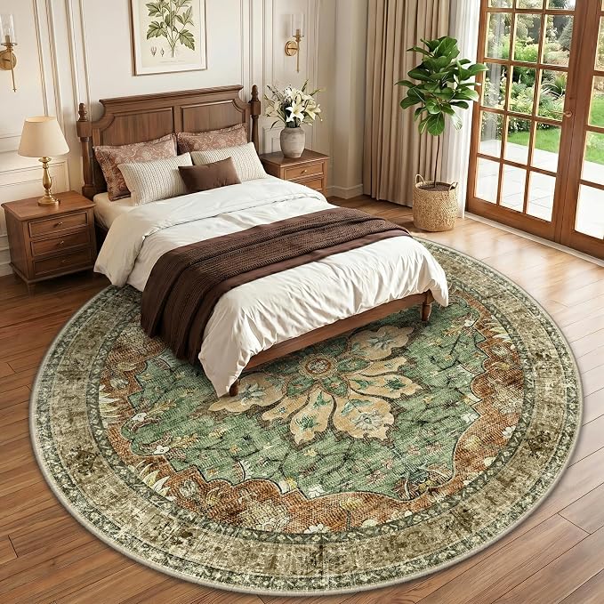 RELEANY Area Rugs Round 10ft Washable Non-Slip, Floral Vintage Distress - Image 2