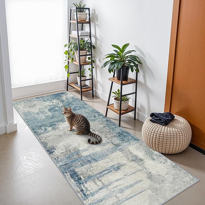 Blue Abstract 3x8 Washable Non Slip Hallway Runner Rug | Soft Low Pile Indoor by BYYVOORugsforYourHome