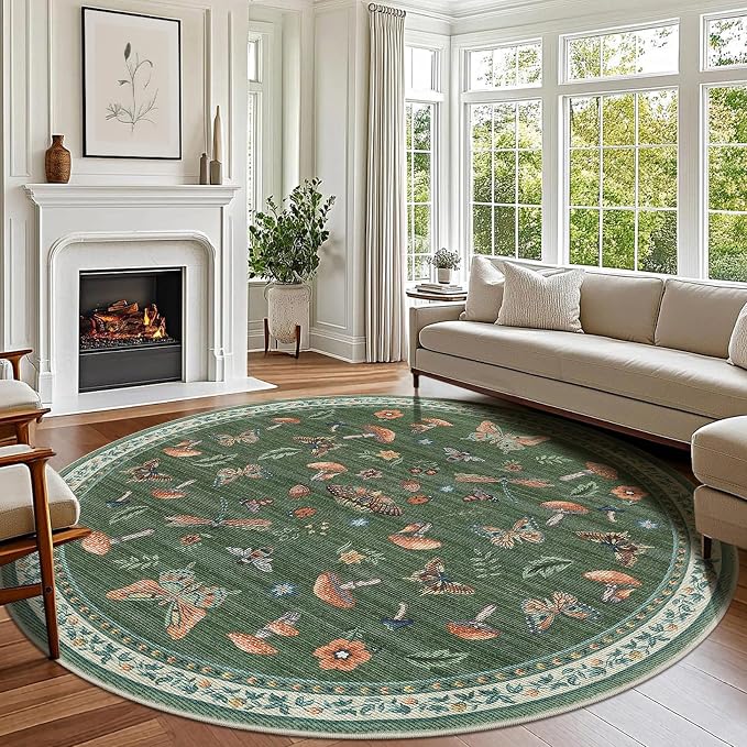 Mushroom Insect 6ft Round Rug Washable Non-Slip Soft Ultra-Thin Boho Circle by ROYHOME