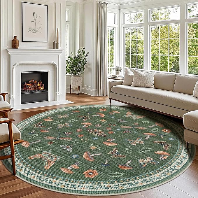 Mushroom Insect 7ft Round Rug Washable Non-Slip Soft Ultra-Thin Large Boho by ROYHOME