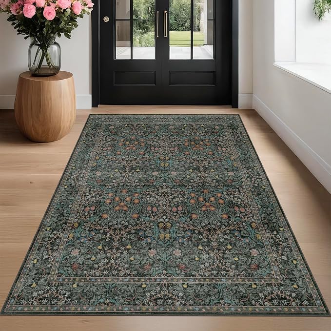 Dark Green Floral Living Room Rug 5x7 Area Rug - Image 9