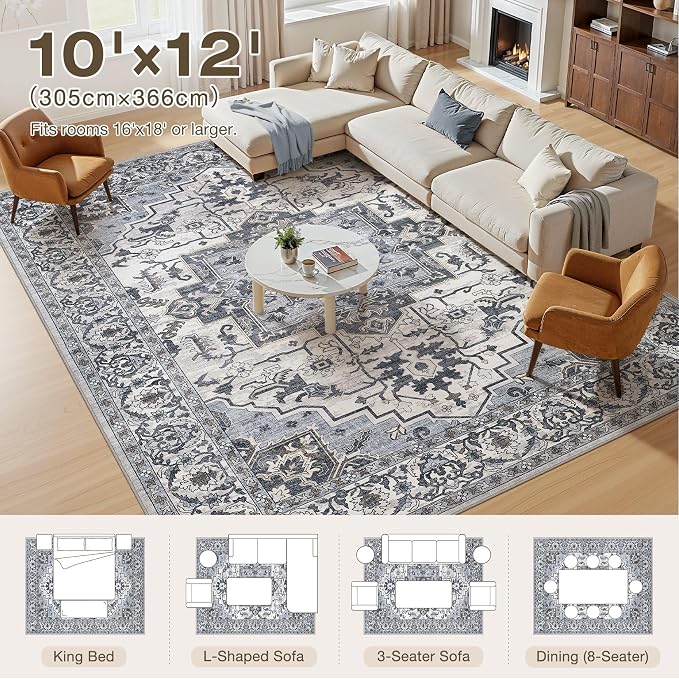 10x12 Area Rugs Living Room: Washable Vintage Rug Large Non-Slip Stain - Image 3