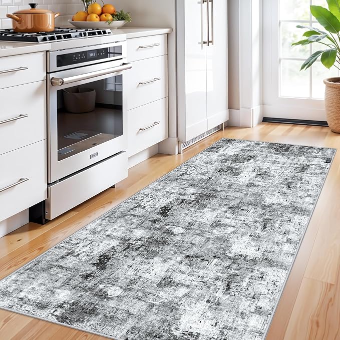 3x7 Washable Non-Slip Kitchen Runner Rug – Modern Abstract Neutral Beige & Gray - Image 3
