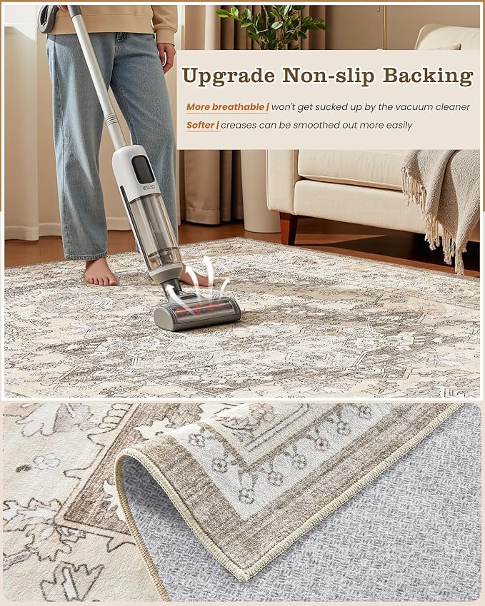 6x9 Vintage Area Rug: Washable Neutral Soft Non Slip Thin Large Floor Carpet - Image 5