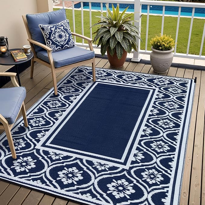 HUGEAR Outdoor Patio Rug 5'x8' Waterproof Outside Area Rugs Blue Reversible by HUGEAR