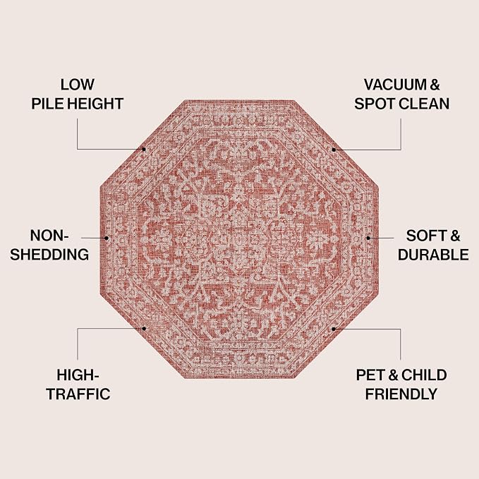 JONATHAN Y Boho Medallion Indoor Outdoor Octagon Area Rug 5 Ft Red/Taupe - Image 2