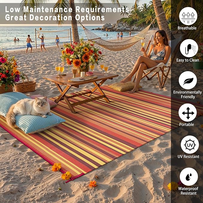 Outdoor Plastic Straw Rug Waterproof Patio 8x10 Red Orange Stripe Mat - Image 4