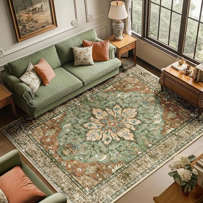 RELEANY Area Rugs 6'x9' Washable Non-Slip, Floral Vintage Distress Medallion by RELEANY