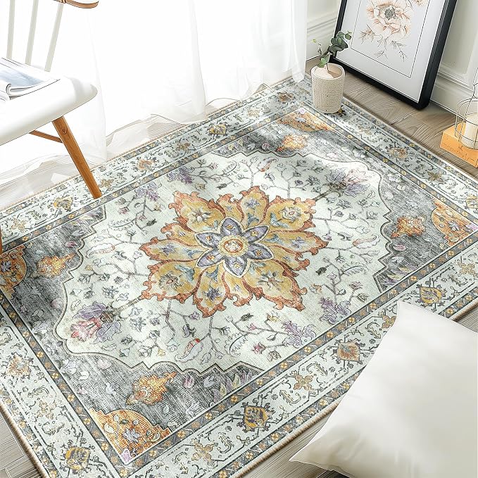 RELEANY Area Rugs 3'x4' Washable Non-Slip, Floral Vintage Distress Medallion by RELEANY