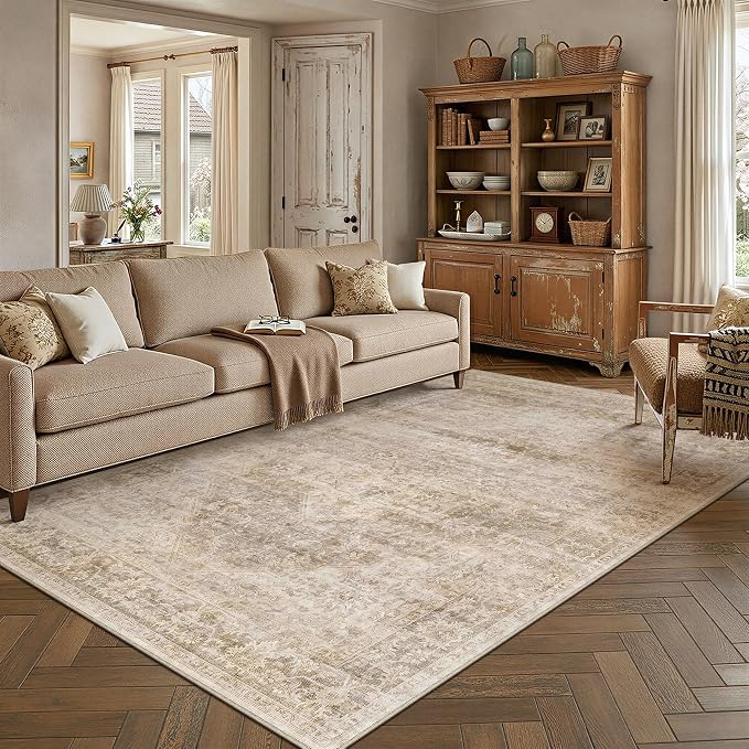 4x6 Washable Neutral Area Rug Beige Vintage Entryway Bathroom Carpet Non-Slip by WondRg