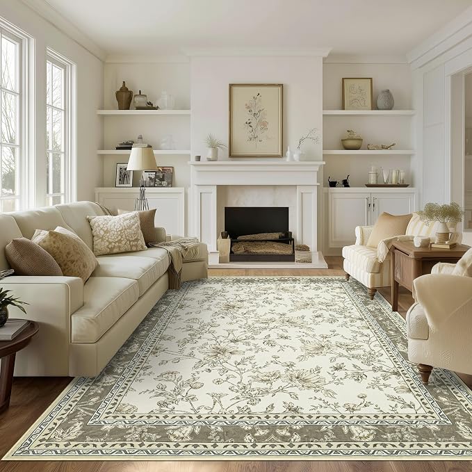 Greyish Beige Floral Rug 5x7 Machine Washable Area Rug by BILEEHOME