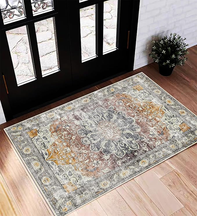 CHAMPLANT Area Rug 2x3 Washable Rug Door Mat Vintage Distressed Taupe Doormat by CHAMPLANT