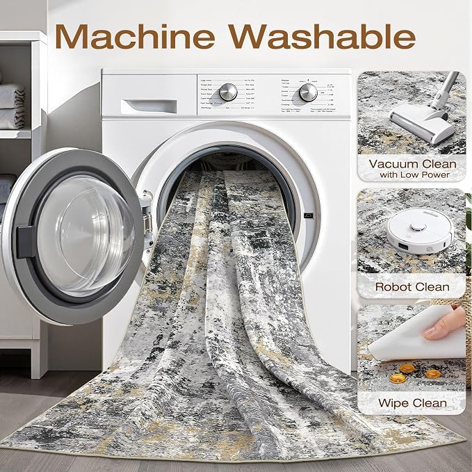 5x7 Area Rugs Living Room: Washable Large Abstract Neutral Modern Soft Rug - Image 2